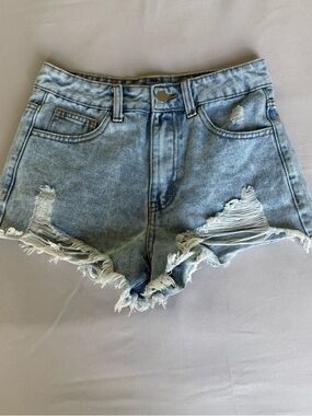 Light Blue Ripped High-Rise Denim Shorts